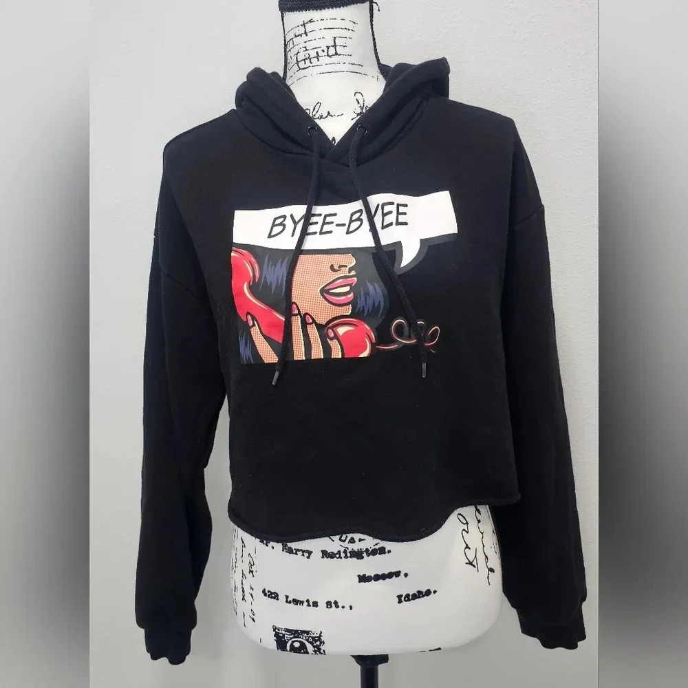 Forever 21 Women's Byee Byee Graphic Print Long Sleeve Crop Top Hoodie Large - Picture 1 of 10